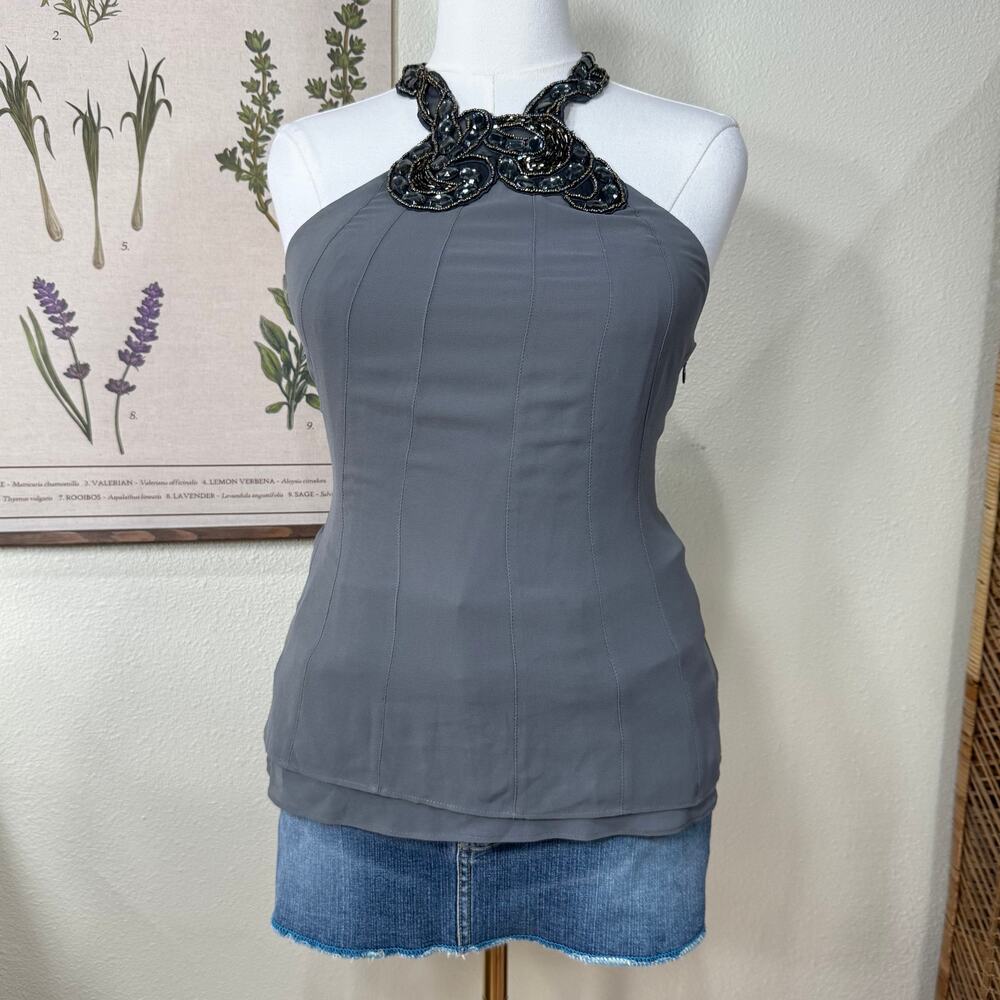 Vtg Y2K Chiffon Beaded Halter Top Gloomy Coquette Dark Fairy Trashy McBling M